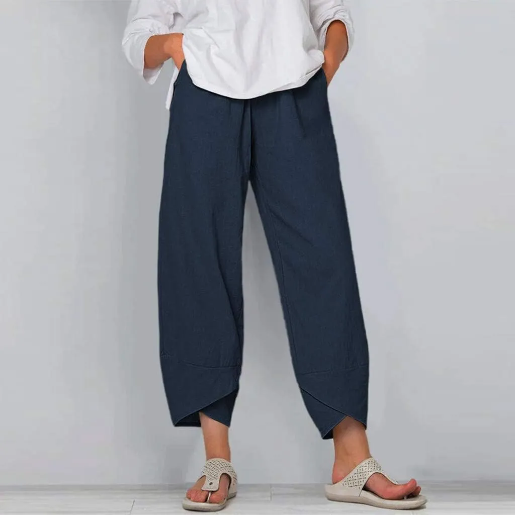 YRAETENM Womens Linen Pants Casual Elastic High Waist Summer Capris Relax Fit Stright Wide Leg Palazzo Pants with Pockets
