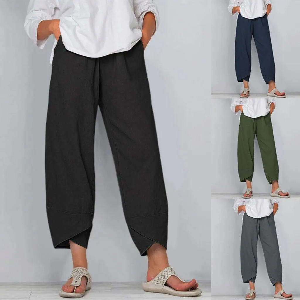 YRAETENM Womens Linen Pants Casual Elastic High Waist Summer Capris Relax Fit Stright Wide Leg Palazzo Pants with Pockets