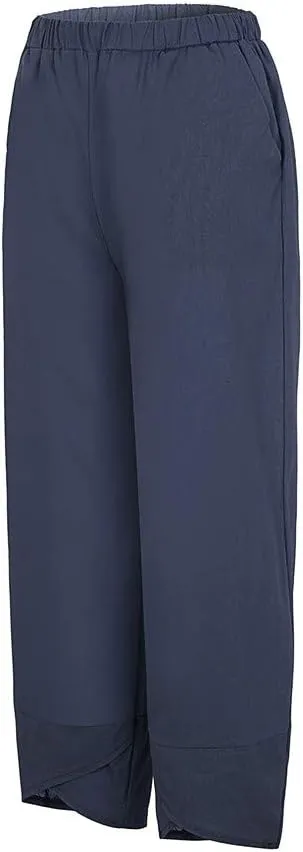 YRAETENM Womens Linen Pants Casual Elastic High Waist Summer Capris Relax Fit Stright Wide Leg Palazzo Pants with Pockets