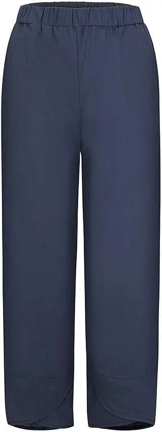 YRAETENM Womens Linen Pants Casual Elastic High Waist Summer Capris Relax Fit Stright Wide Leg Palazzo Pants with Pockets