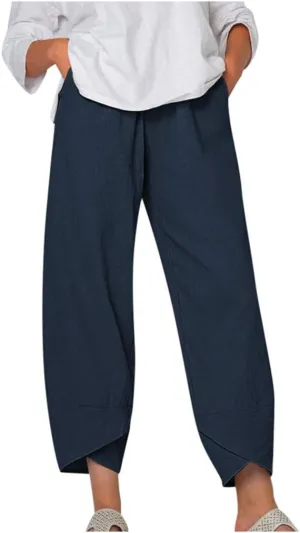 YRAETENM Womens Linen Pants Casual Elastic High Waist Summer Capris Relax Fit Stright Wide Leg Palazzo Pants with Pockets