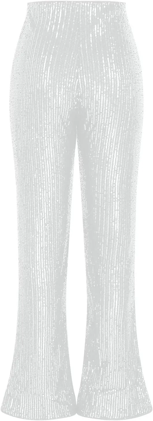 YUHGODO Sequin Bell Bottom Pants Women High Waist Glitter Wide Leg Pants Slim Sparkle Flared Trousers for Disco Party Club