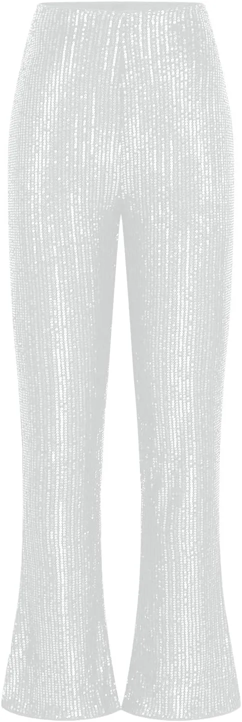 YUHGODO Sequin Bell Bottom Pants Women High Waist Glitter Wide Leg Pants Slim Sparkle Flared Trousers for Disco Party Club
