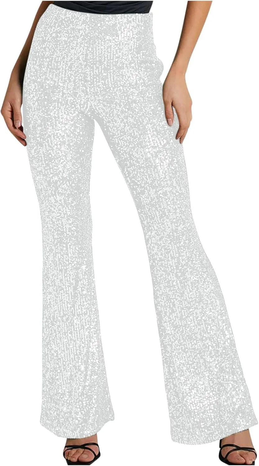 YUHGODO Sequin Bell Bottom Pants Women High Waist Glitter Wide Leg Pants Slim Sparkle Flared Trousers for Disco Party Club