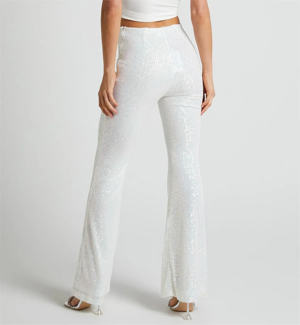 YUHGODO Sequin Bell Bottom Pants Women High Waist Glitter Wide Leg Pants Slim Sparkle Flared Trousers for Disco Party Club