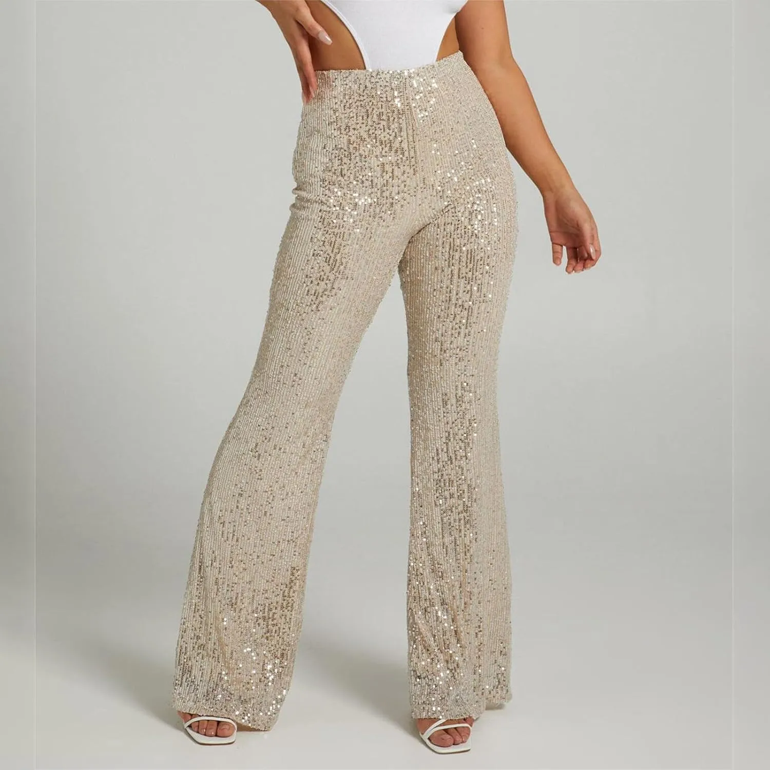 YUHGODO Sequin Bell Bottom Pants Women High Waist Glitter Wide Leg Pants Slim Sparkle Flared Trousers for Disco Party Club