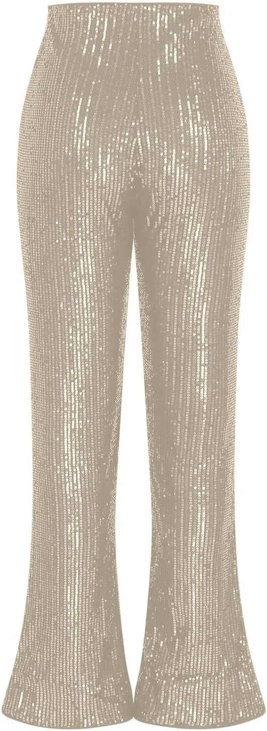 YUHGODO Sequin Bell Bottom Pants Women High Waist Glitter Wide Leg Pants Slim Sparkle Flared Trousers for Disco Party Club