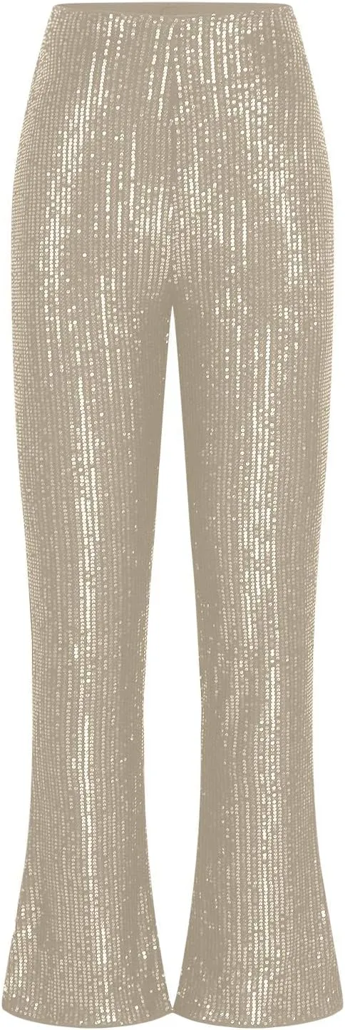 YUHGODO Sequin Bell Bottom Pants Women High Waist Glitter Wide Leg Pants Slim Sparkle Flared Trousers for Disco Party Club