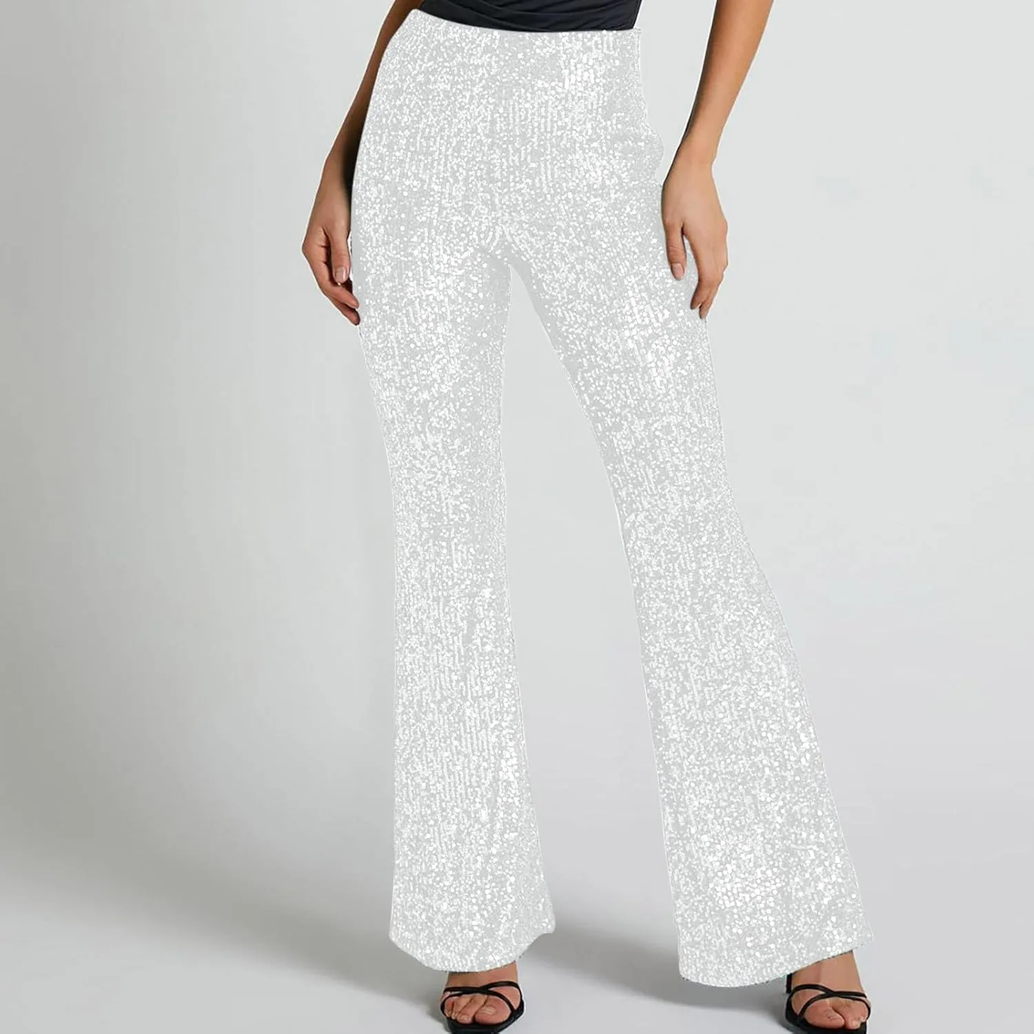 YUHGODO Sequin Bell Bottom Pants Women High Waist Glitter Wide Leg Pants Slim Sparkle Flared Trousers for Disco Party Club