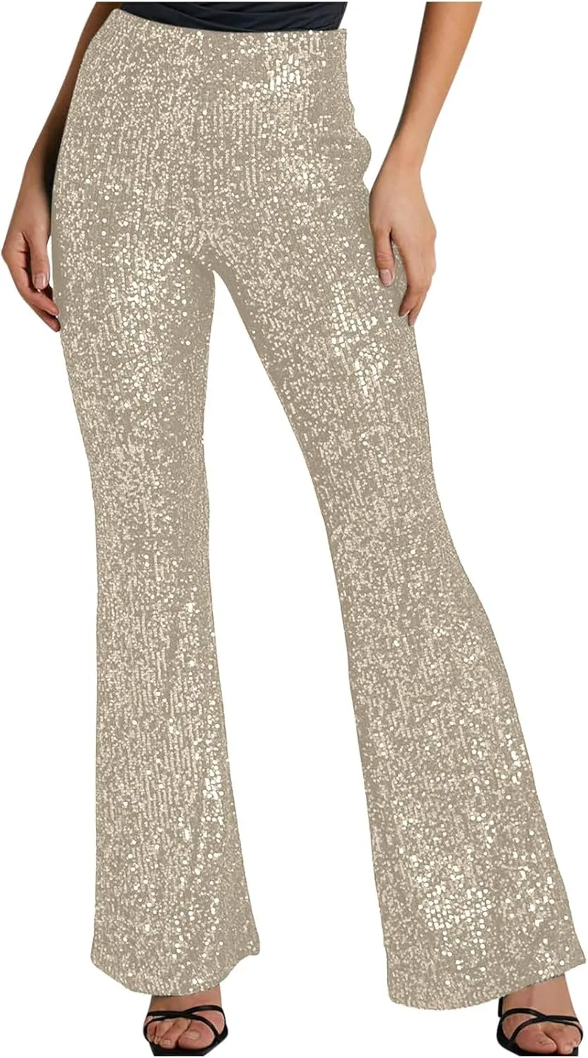 YUHGODO Sequin Bell Bottom Pants Women High Waist Glitter Wide Leg Pants Slim Sparkle Flared Trousers for Disco Party Club