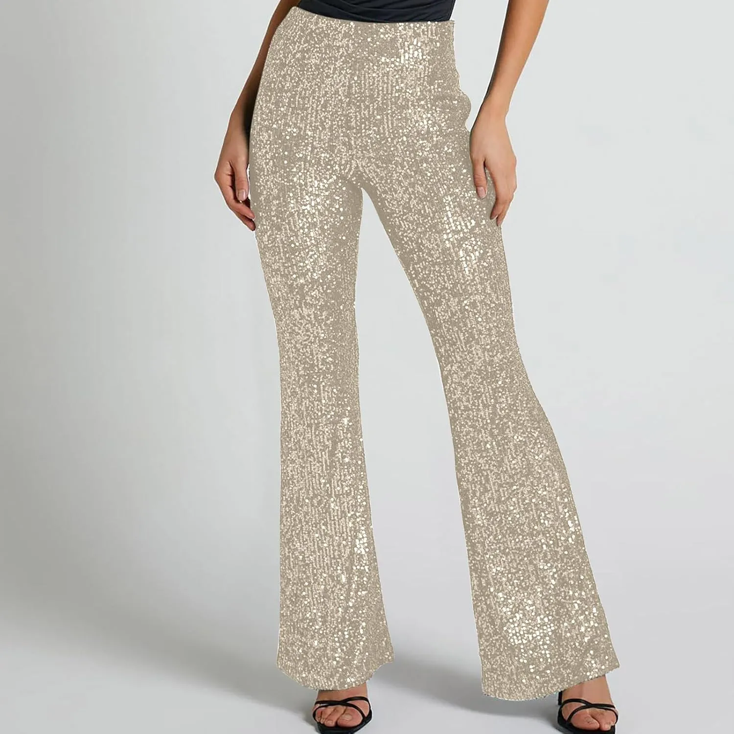 YUHGODO Sequin Bell Bottom Pants Women High Waist Glitter Wide Leg Pants Slim Sparkle Flared Trousers for Disco Party Club