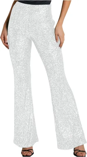 YUHGODO Sequin Bell Bottom Pants Women High Waist Glitter Wide Leg Pants Slim Sparkle Flared Trousers for Disco Party Club