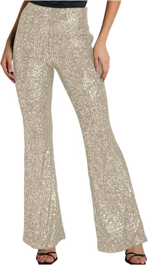 YUHGODO Sequin Bell Bottom Pants Women High Waist Glitter Wide Leg Pants Slim Sparkle Flared Trousers for Disco Party Club