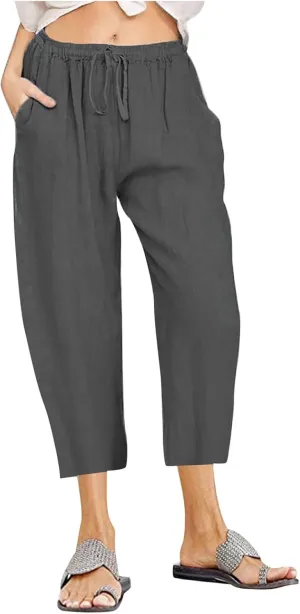 ZDRZK Lightweight Summer Pants Women Casual Cotton Linen Cropped Pants Elastic Waist Drawstring Wide Leg Capris Trousers