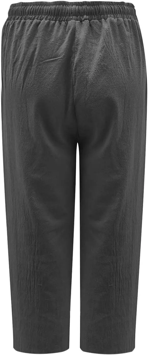ZDRZK Lightweight Summer Pants Women Casual Cotton Linen Cropped Pants Elastic Waist Drawstring Wide Leg Capris Trousers