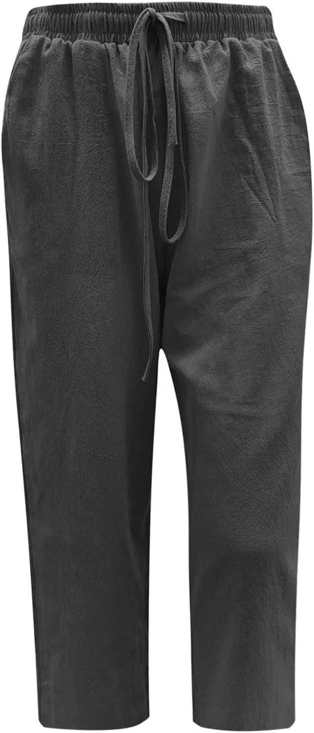 ZDRZK Lightweight Summer Pants Women Casual Cotton Linen Cropped Pants Elastic Waist Drawstring Wide Leg Capris Trousers