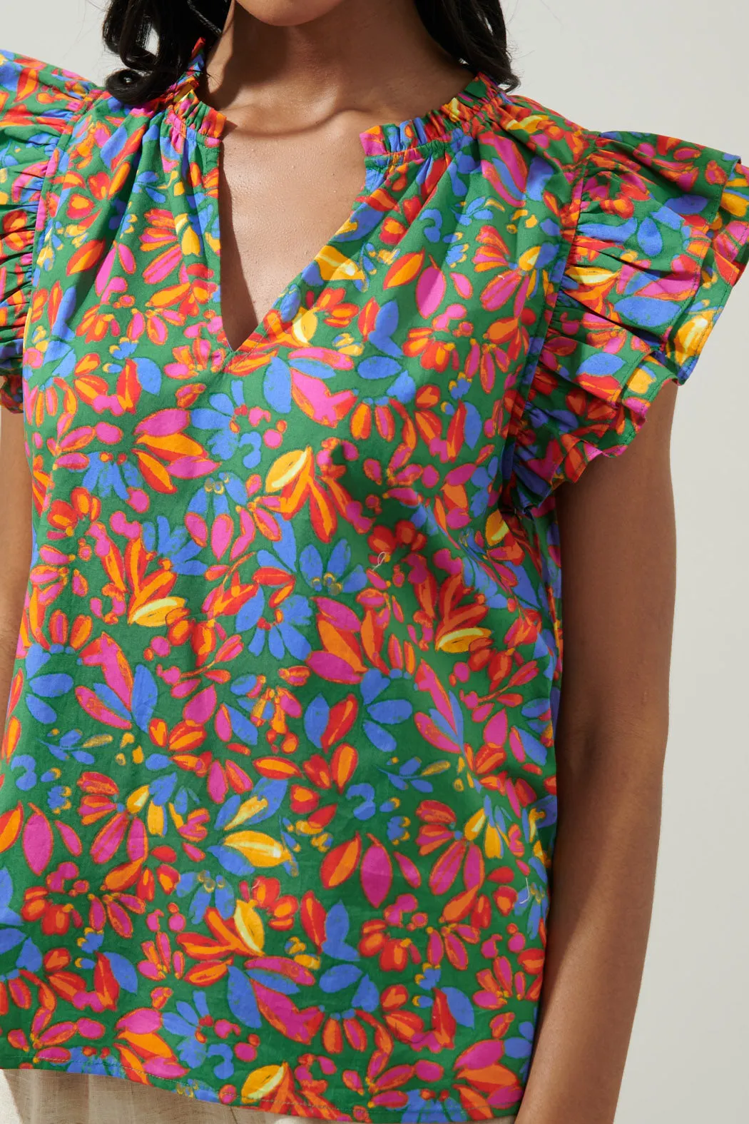 Zhade Tropics Risette Ruffle Cap Sleeve Split Neck Top