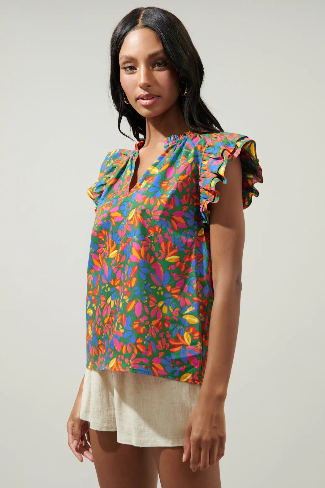 Zhade Tropics Risette Ruffle Cap Sleeve Split Neck Top