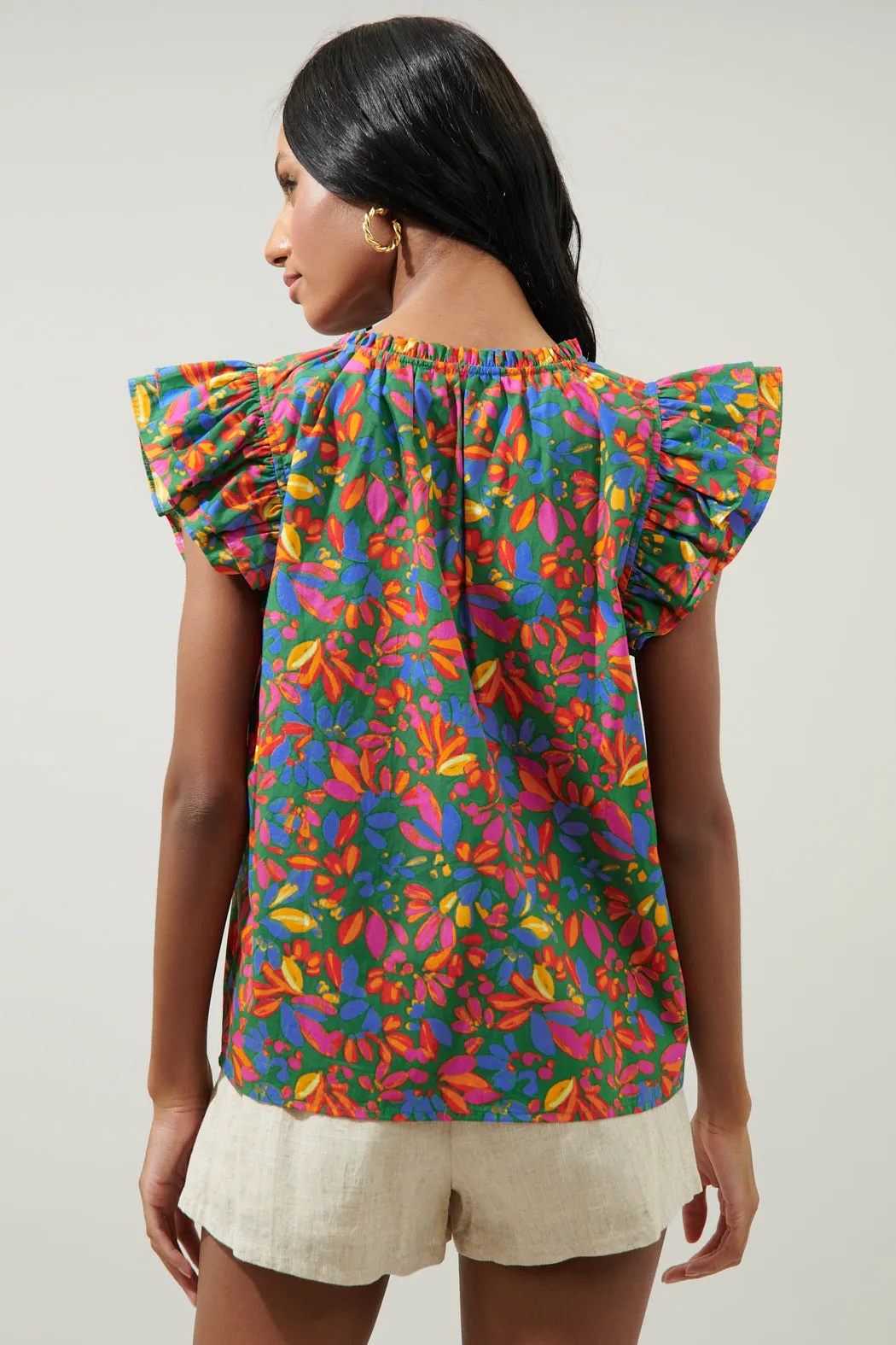 Zhade Tropics Risette Ruffle Cap Sleeve Split Neck Top