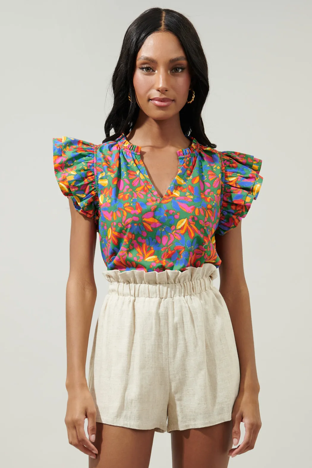 Zhade Tropics Risette Ruffle Cap Sleeve Split Neck Top