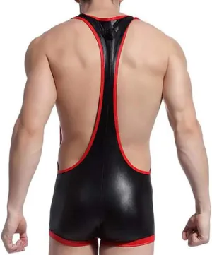 ZSQBQ Men Sexy Wrestling Singlet Boxer Briefs Faux Leather Bodysuit Comfortable Breathable Suspender Underwear Black