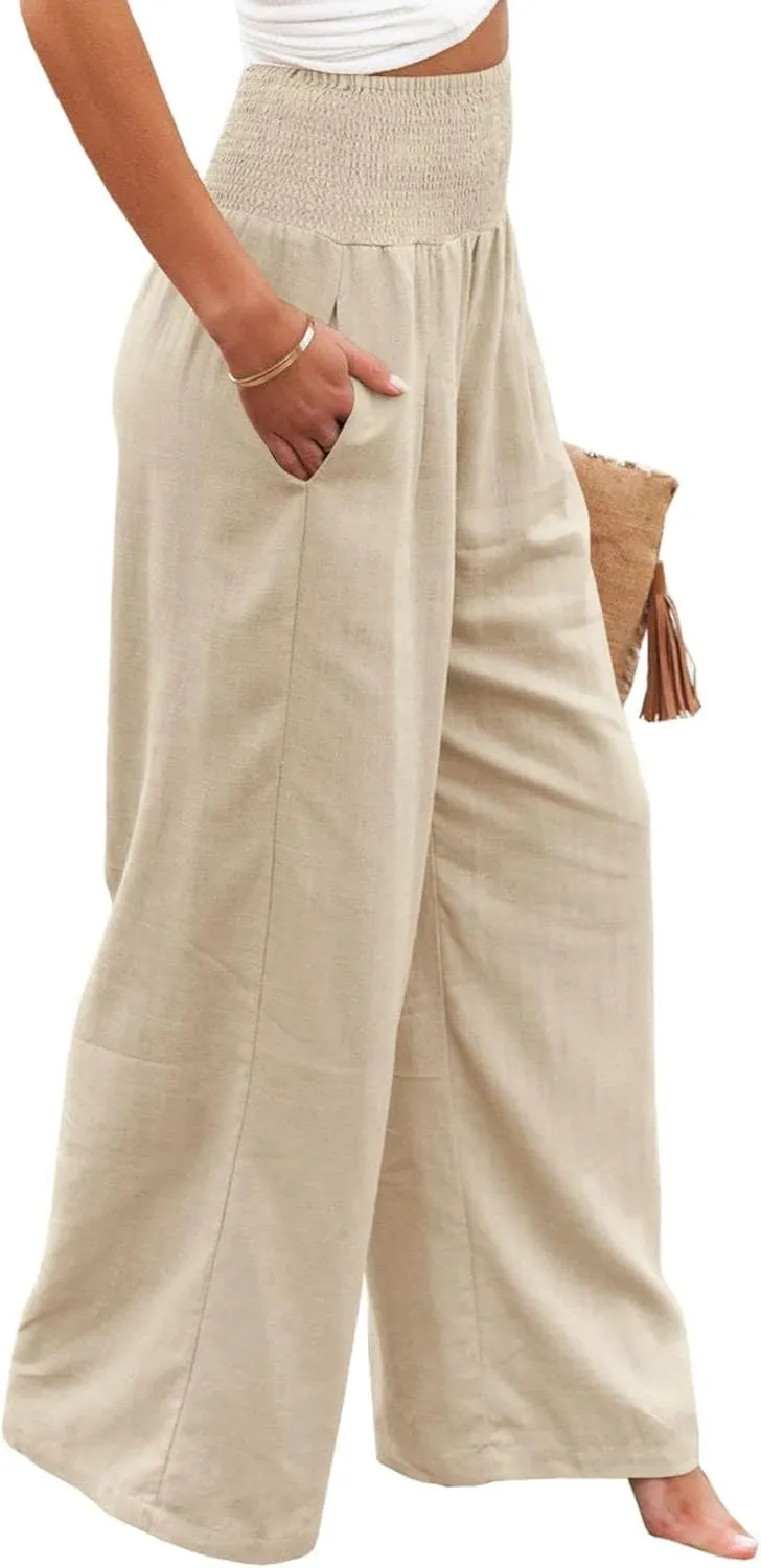 ZWRXW Women's Linen Pants Summer Flowy Palazzo Wide Leg Pants Beach High Waisted Trousers Boho Long Lounge Pants with Pockets
