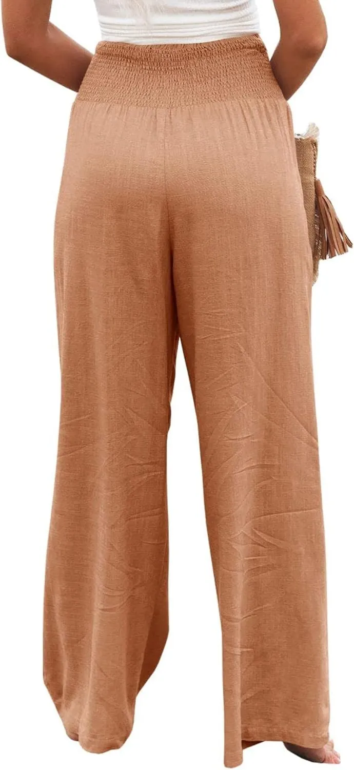 ZWRXW Women's Linen Pants Summer Flowy Palazzo Wide Leg Pants Beach High Waisted Trousers Boho Long Lounge Pants with Pockets