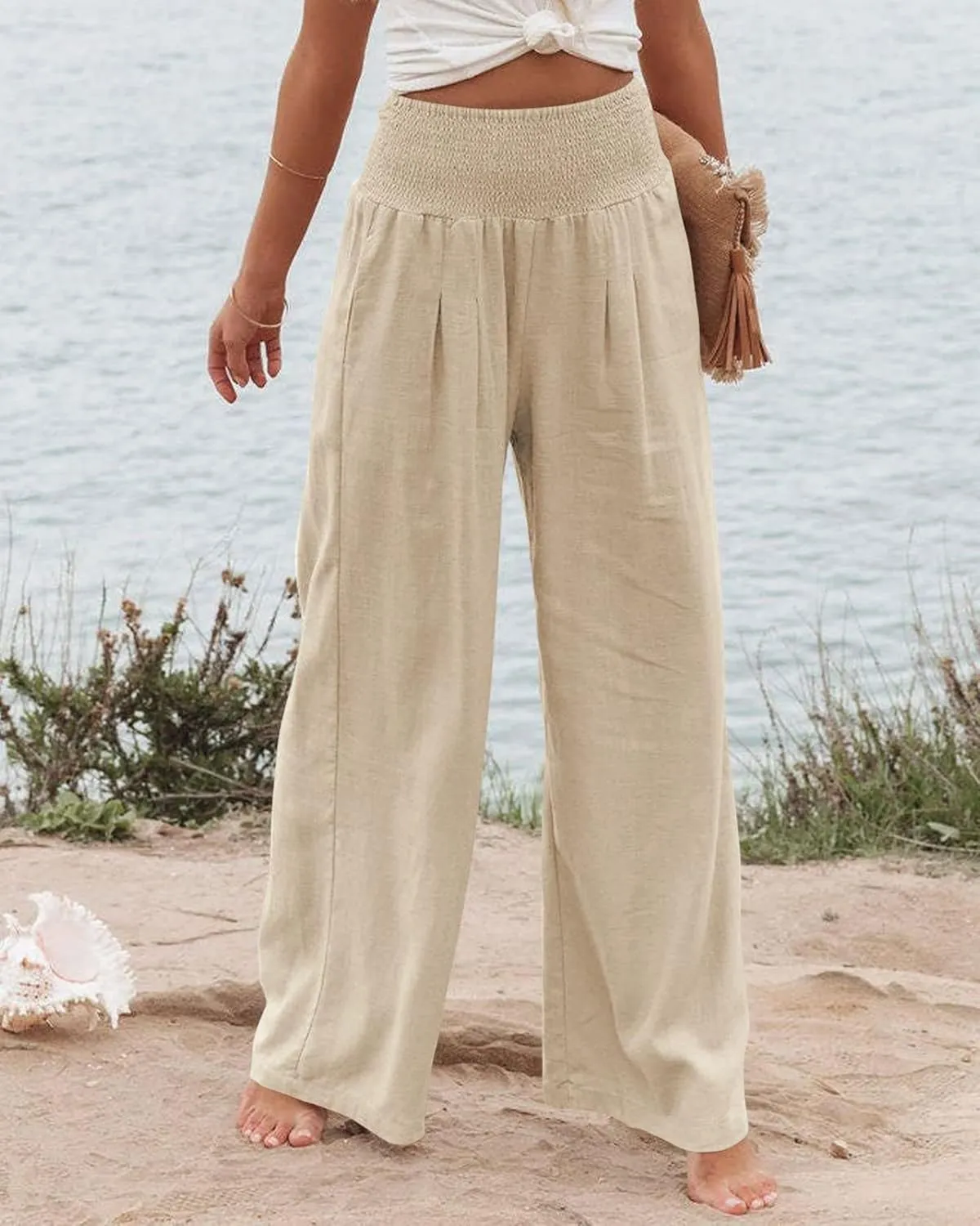 ZWRXW Women's Linen Pants Summer Flowy Palazzo Wide Leg Pants Beach High Waisted Trousers Boho Long Lounge Pants with Pockets