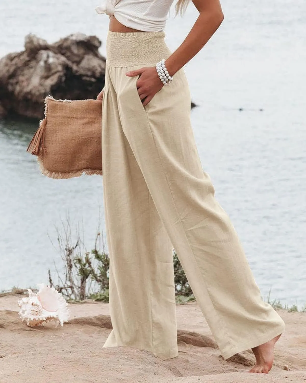 ZWRXW Women's Linen Pants Summer Flowy Palazzo Wide Leg Pants Beach High Waisted Trousers Boho Long Lounge Pants with Pockets