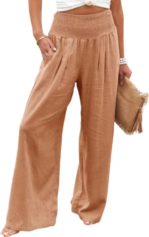 ZWRXW Women's Linen Pants Summer Flowy Palazzo Wide Leg Pants Beach High Waisted Trousers Boho Long Lounge Pants with Pockets