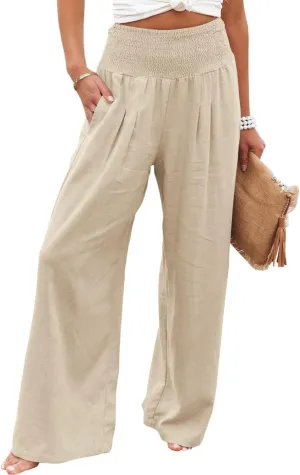 ZWRXW Women's Linen Pants Summer Flowy Palazzo Wide Leg Pants Beach High Waisted Trousers Boho Long Lounge Pants with Pockets