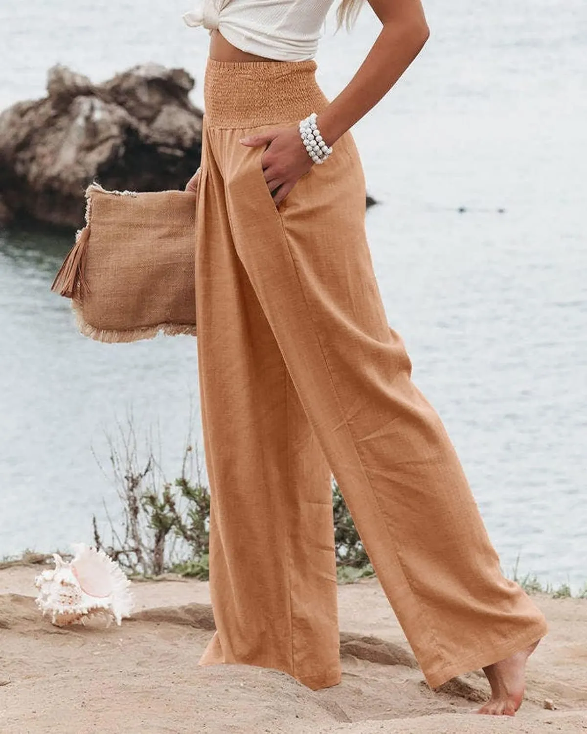 ZWRXW Women's Linen Pants Summer Flowy Palazzo Wide Leg Pants Beach High Waisted Trousers Boho Long Lounge Pants with Pockets
