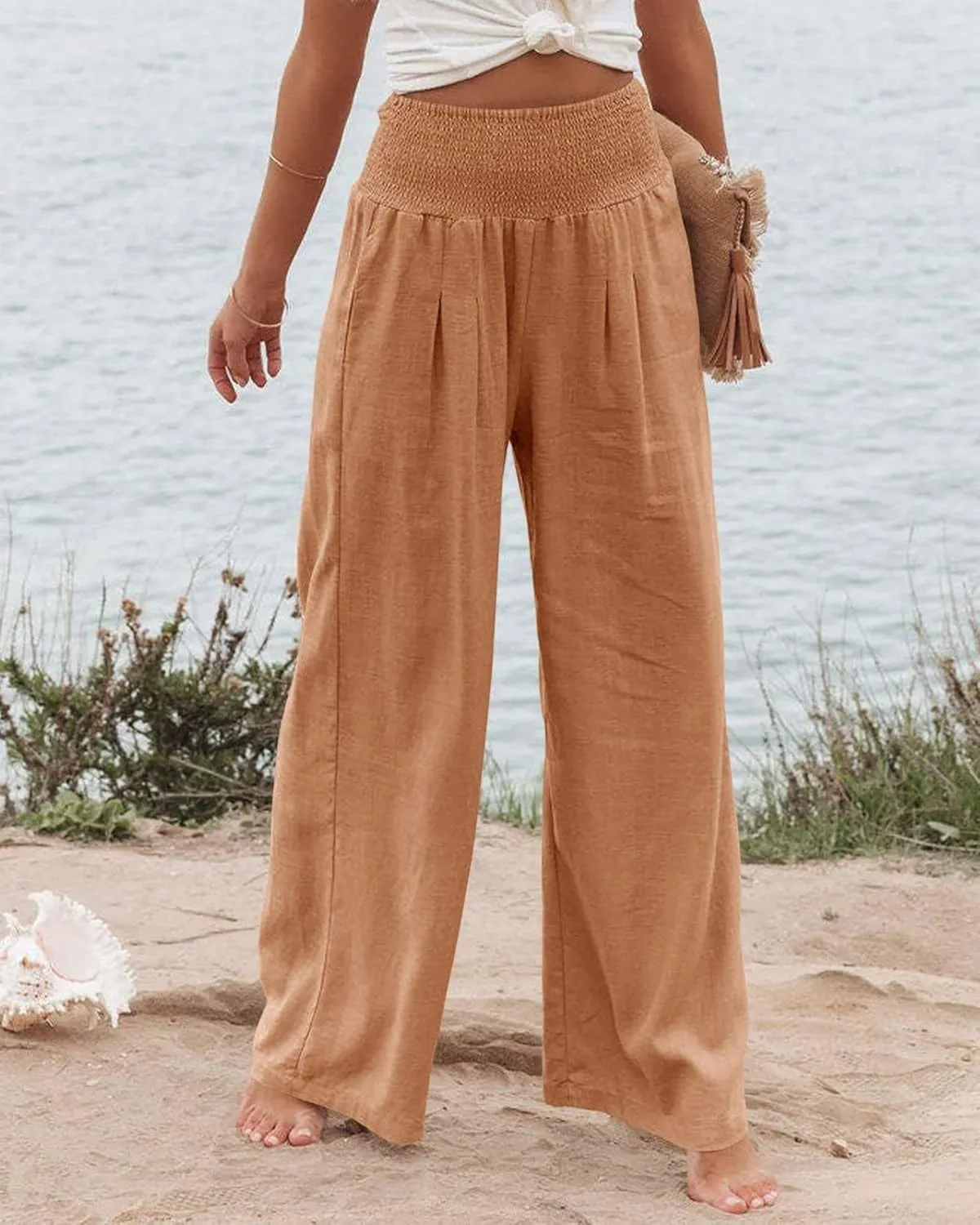 ZWRXW Women's Linen Pants Summer Flowy Palazzo Wide Leg Pants Beach High Waisted Trousers Boho Long Lounge Pants with Pockets
