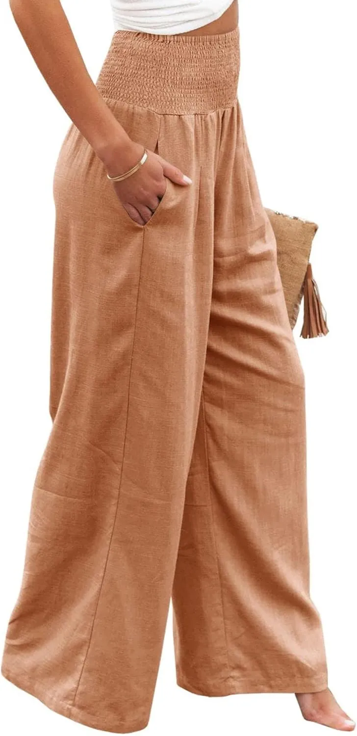ZWRXW Women's Linen Pants Summer Flowy Palazzo Wide Leg Pants Beach High Waisted Trousers Boho Long Lounge Pants with Pockets