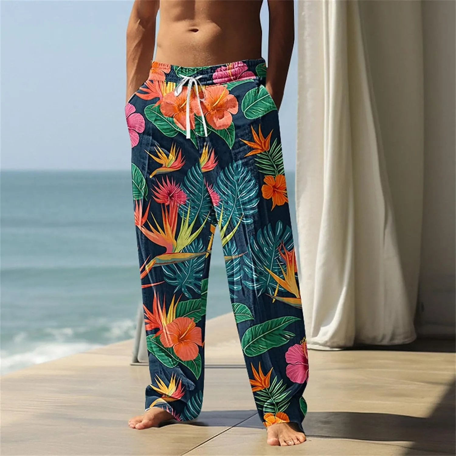 ZYXTIM Hawaiian Beach Summer Pants for Men Cute Graphic Straight Leg Fashion Travel Casual Trousers Loose Comfy Loungewear